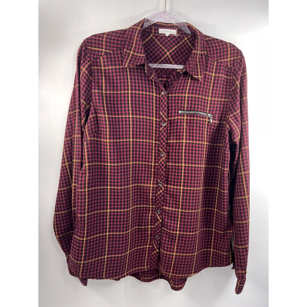 Maurices Shirt Women's Sz L Red/Black/Yellow Plaid Long Sleeve Button Zip Pocket